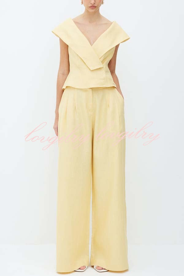 Velena Linen Blend Button Up Lapel Top and High Rise Pocket Wide Leg Pants Set