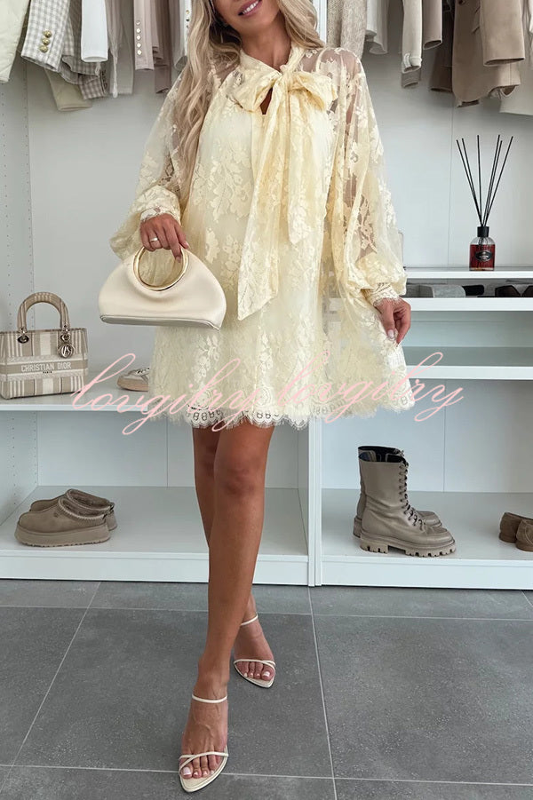 Night Rose Lace Bow Neck Long Balloon Sleeve A-line Mini Dress