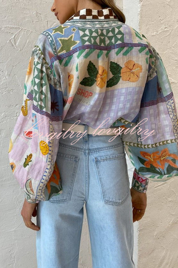 Fun and Nostalgic Unique Print Balloon Sleeve Button Loose Shirt