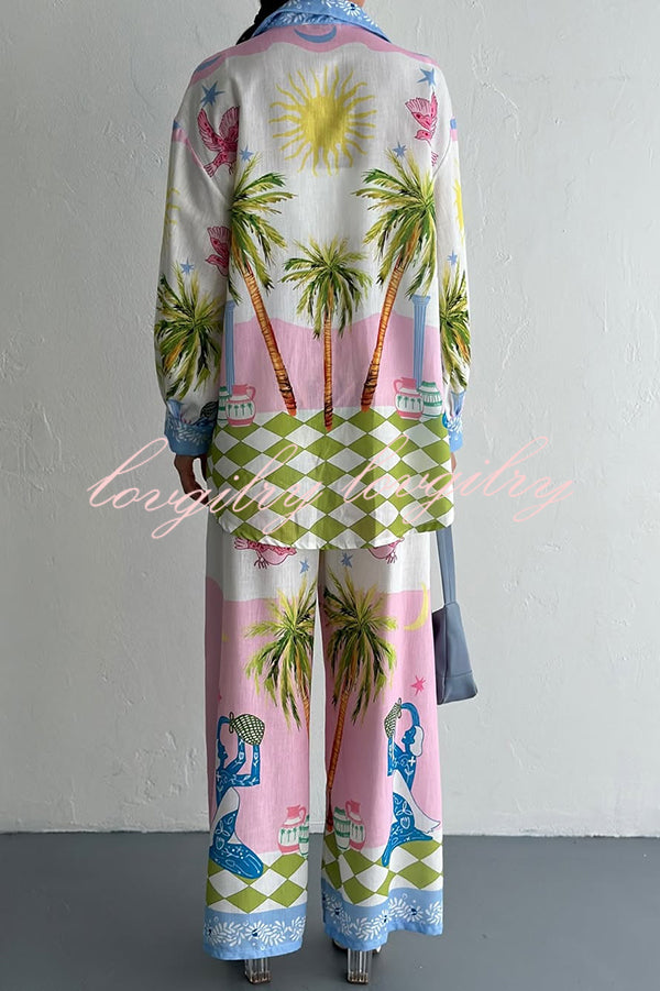 Holiday Style Print Loose Long Sleeve Shirt and Elastic Waist Loose Pocket Wide Leg Pants Set