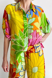 Colorful Flowersl Print Short-sleeved Loose Shirt and Elastic Waist Pocket Pants Set