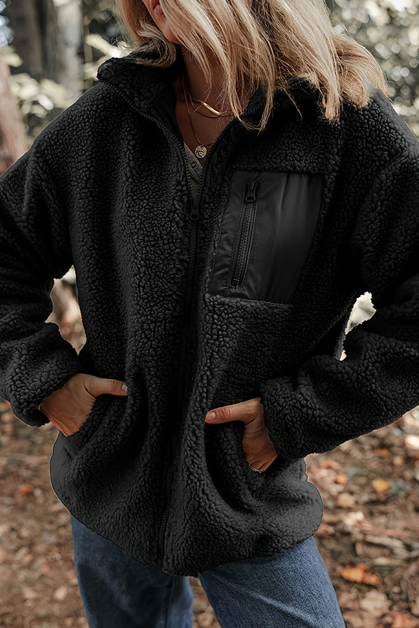 Solid Color Faux Cashmere Zip-up Pocket Casual Jacket