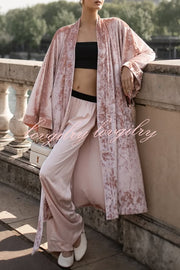 Gorgeous Glossy Velvet Long Bell Sleeve Tie-up Pocket Midi Kimono Coat
