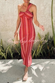 Colorful Zigzag Pattern Lace One-shoulder Slim Vacation Midi Dress