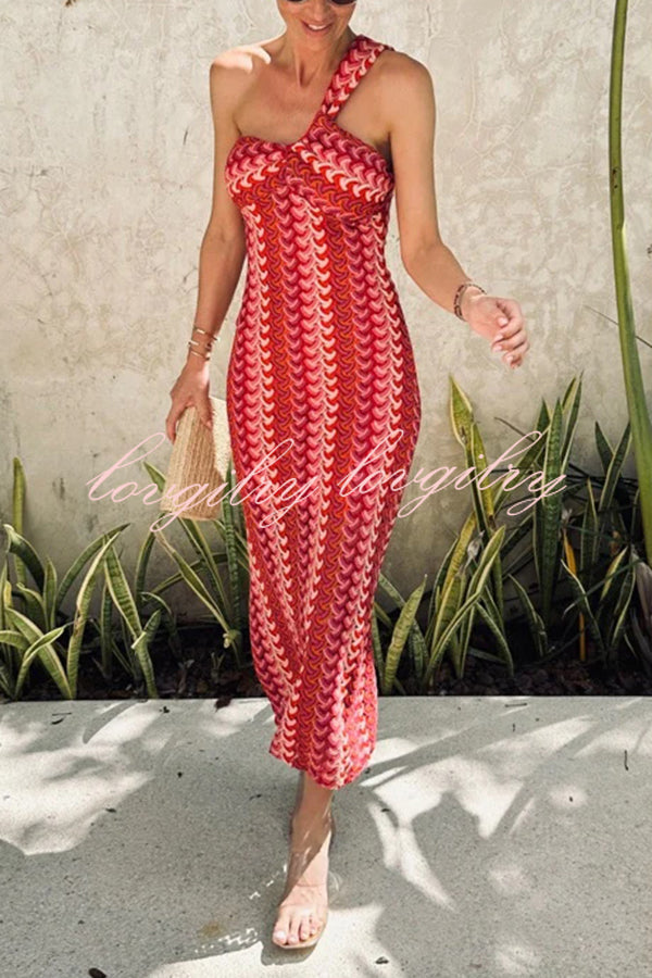 Colorful Zigzag Pattern Lace One-shoulder Slim Vacation Midi Dress