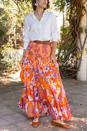 Resort Style Floral Print Elastic Waist Loose Stitching Maxi Skirt
