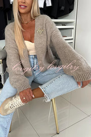 Explore Autumn Knit Open Front Long Balloon Sleeve Loose Cardigan