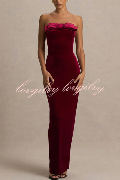 Illusion Velvet Bandeau neck Bow detail Stretch Maxi Dress