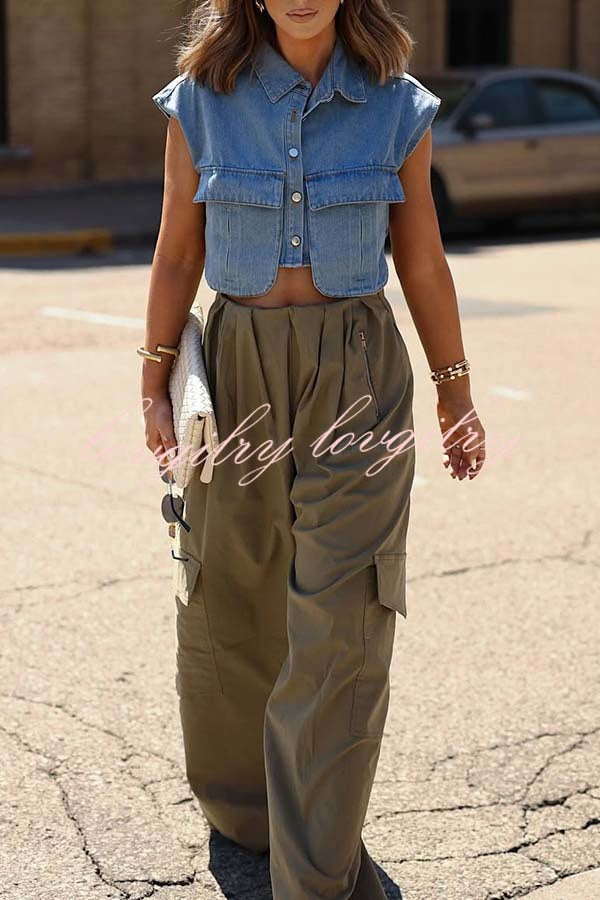 Stylish Weekend Denim Button Up Cape Sleeve Pocket Crop Top