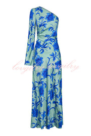 Satin Botanical Print One-Sleeve Resort Maxi Dress