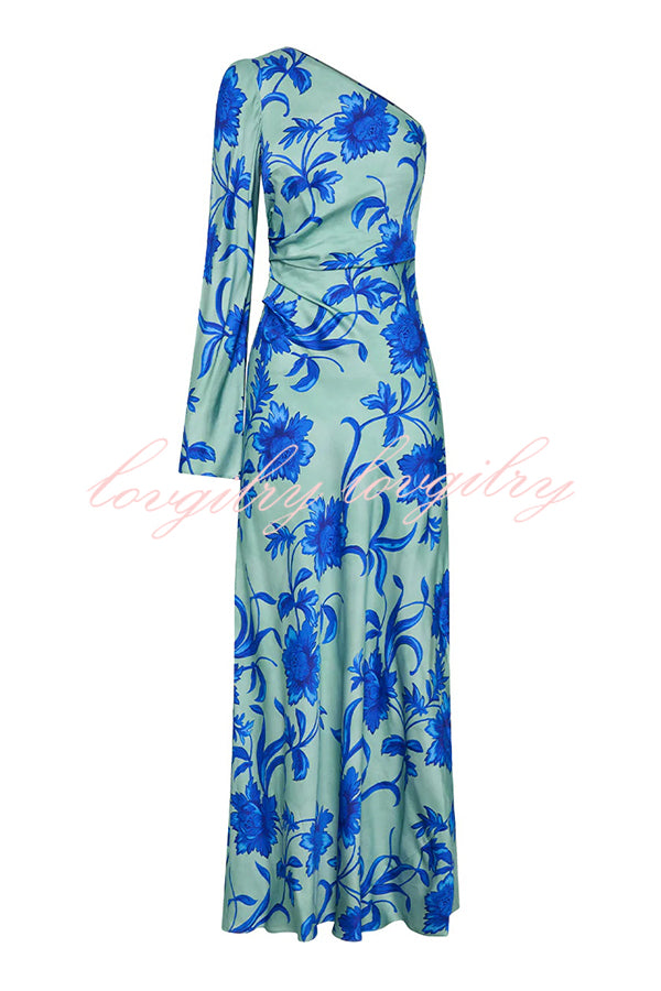 Satin Botanical Print One-Sleeve Resort Maxi Dress