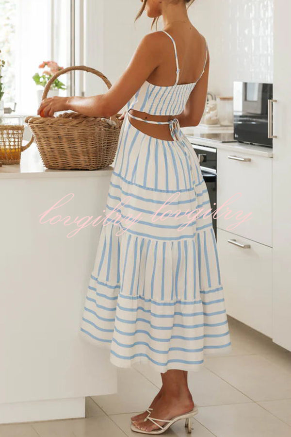 Exquisite Striped Suspender Hollow Pleated Patchwork Lace Up Midi Dress