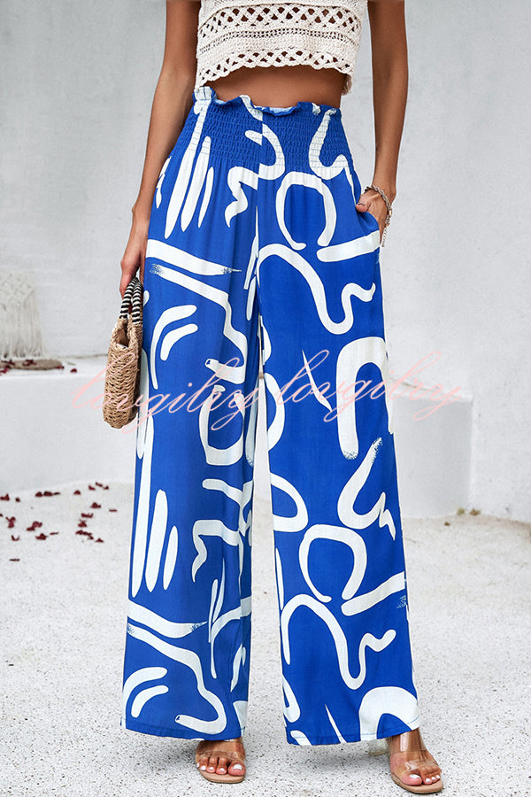 Uniquely Printed Ruffled Elastic Waist Pocket Pleated Wide Leg Pants