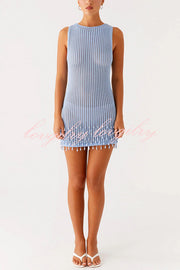 Fashion Knit Hollow Beaded Tassel Embellished Sleeveless Slim Mini Dress