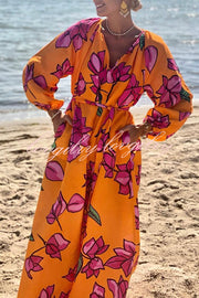 Gramercy Garden Floral Print Pocket Belted Long Sleeve Maxi Dress