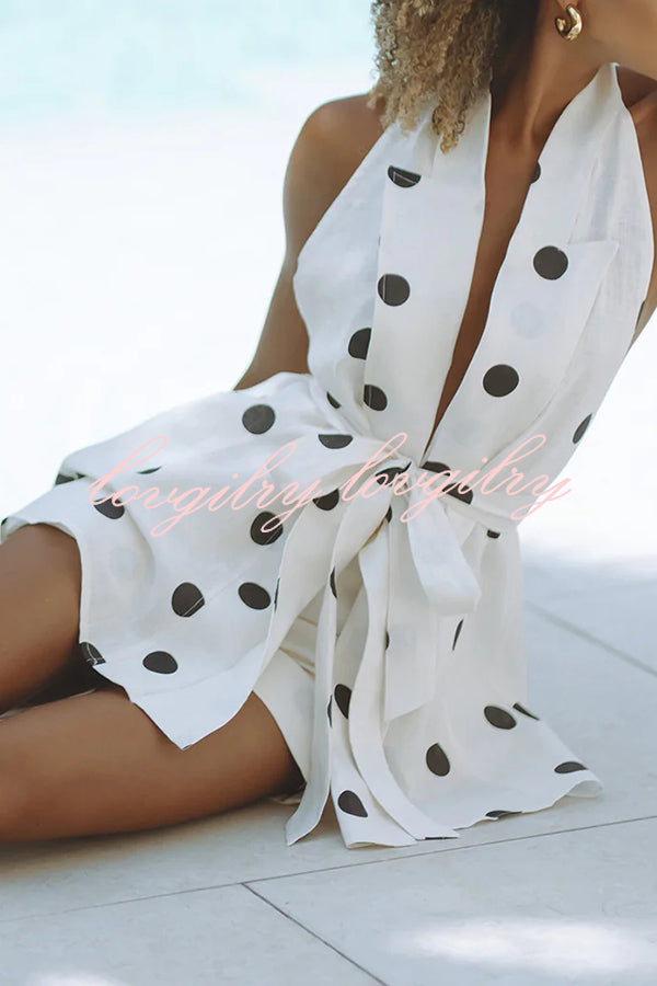 Gabby Linen Blend Polka Dot Tie-up Lapel Halter Vest and Metal Ring Belt Loose Shorts Set