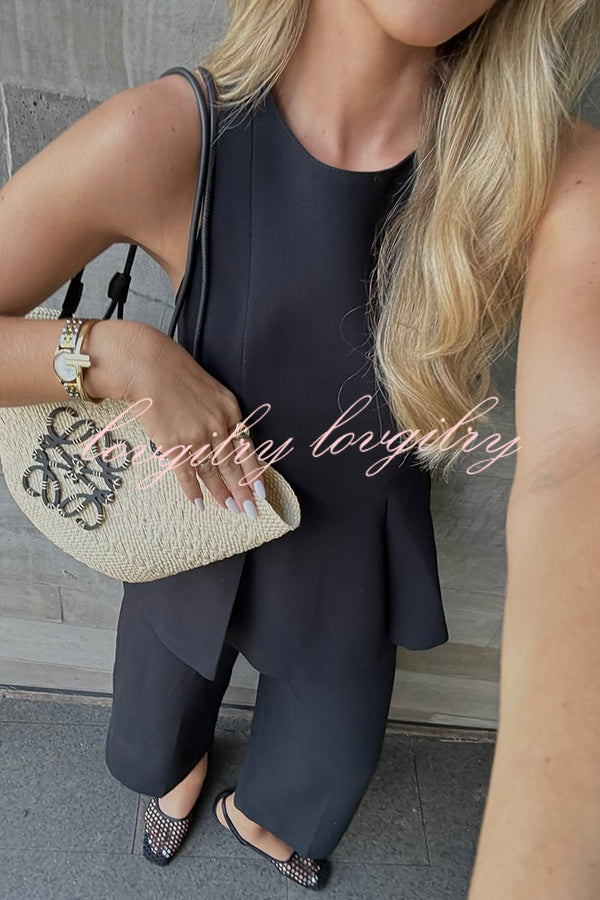 Solid Color Round Neck Sleeveless Casual Top and Loose Straight Pants Set