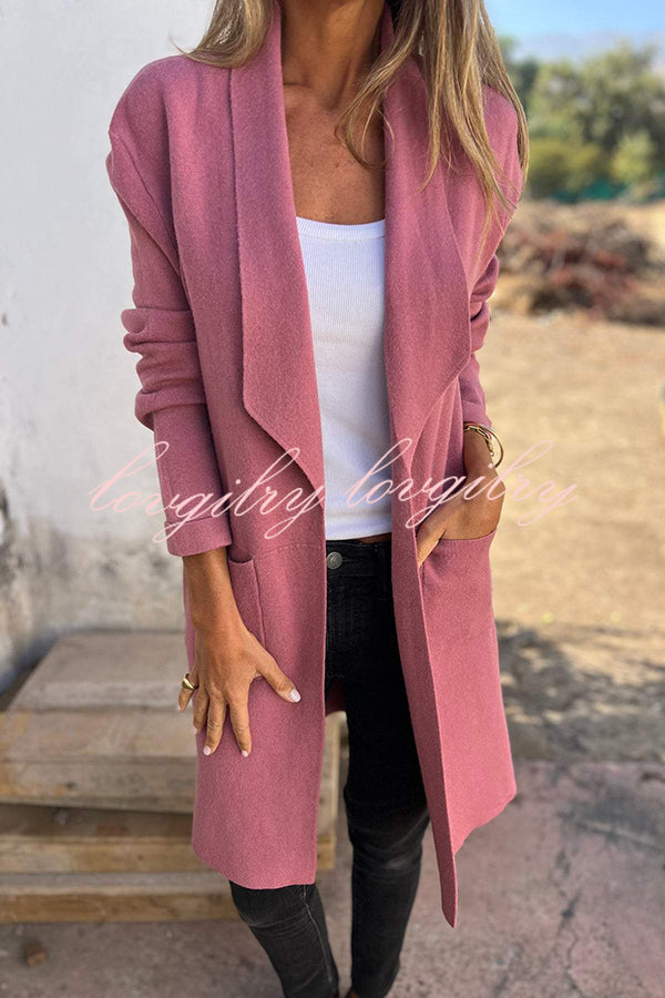 Warmth on Stylish Lapel Mid-length Pocket Knit Cardigan Coat