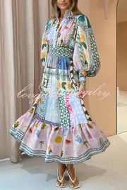 Playfully Chic Unique Print Balloon Sleeve Smocked Waist Shirt Midi Dress