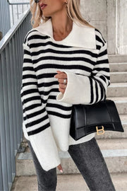 Irregular Lapel Contrast Striped Knitted Long Sleeved Sweater