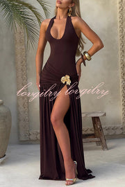 Solid Color Halter Neck Backless Slim Fit Pleated Slit Maxi Dress