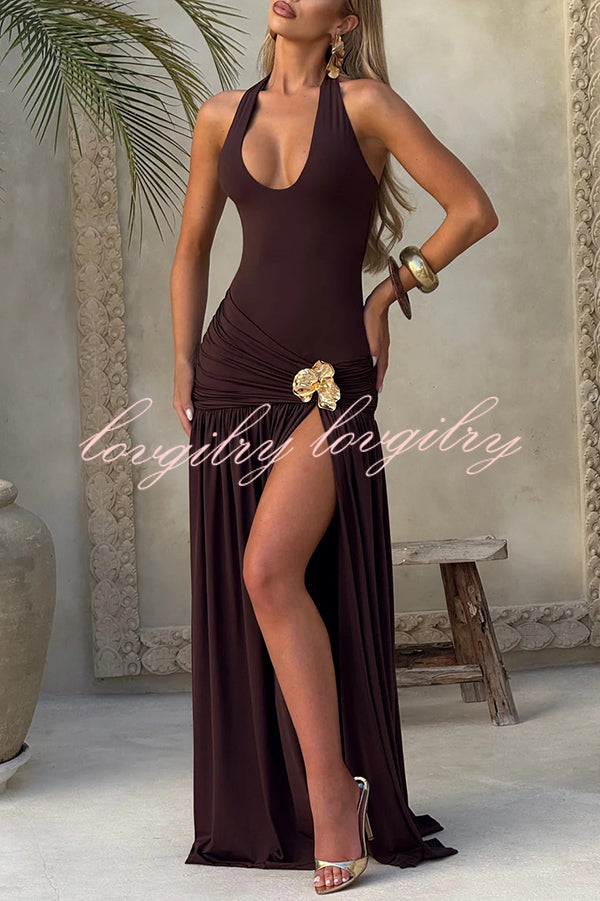 Solid Color Halter Neck Backless Slim Fit Pleated Slit Maxi Dress