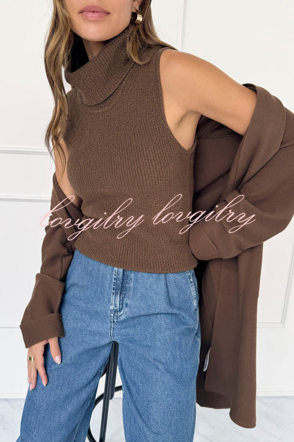 Comfortable Season Ribbed Knit Turtleneck Sleeveless Relaxed Sweater