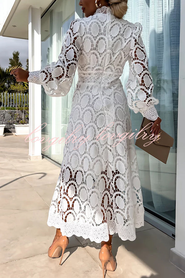 Romantic, Sensual and Elegant Crochet Lace Lantern Sleeve Party Midi Dress