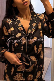 Golden Night Unique Print Color-block Trim Loose Shirt and Elastic Waist Pocketed Pajama Set