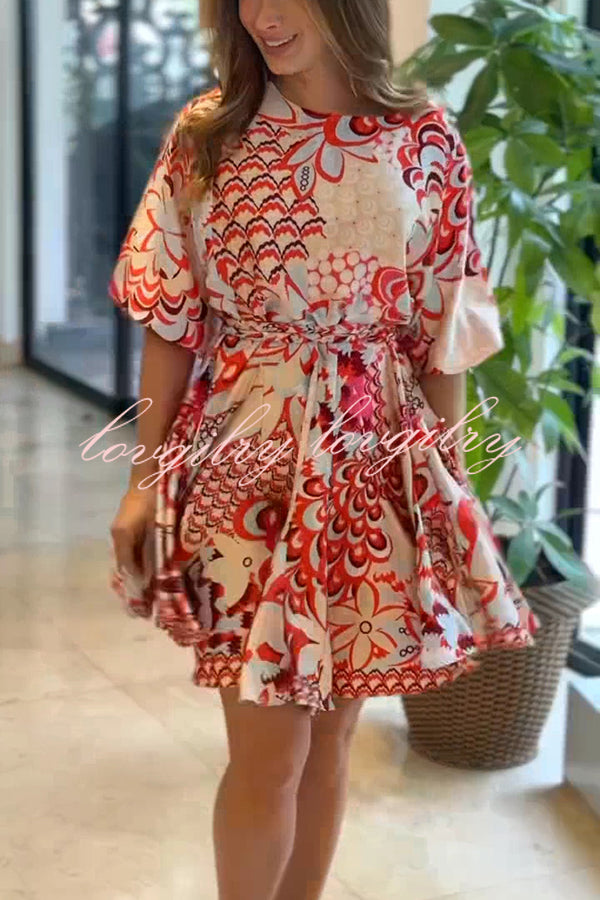 Unique Printed Round Neck Short Sleeve Waist Tie Vacation Mini Dress