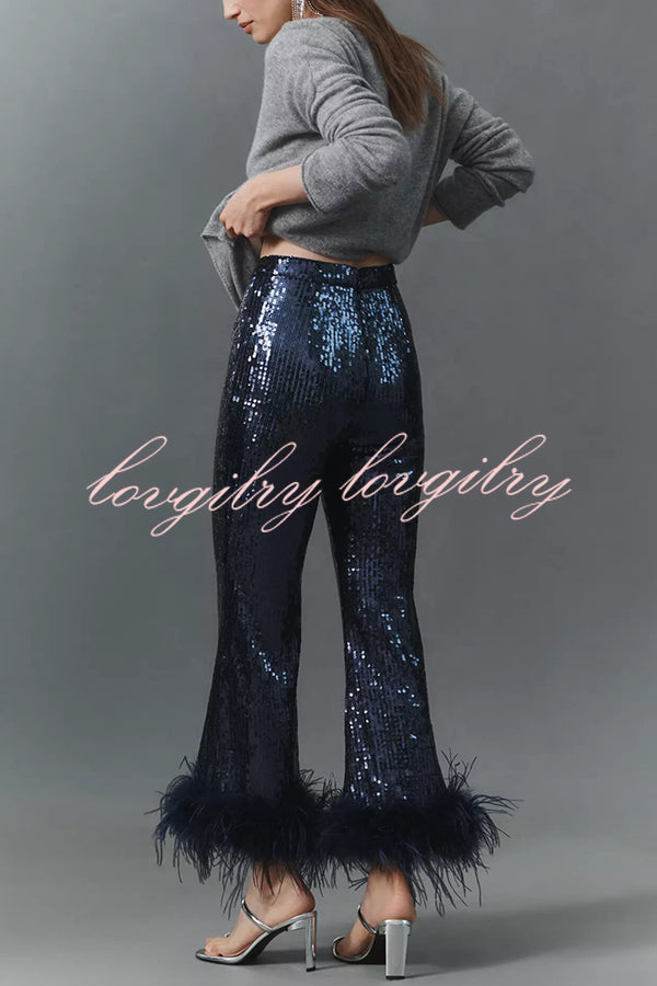 New Year Eve Sequin Feather Trim High Rise Back Zipper Flare Pants