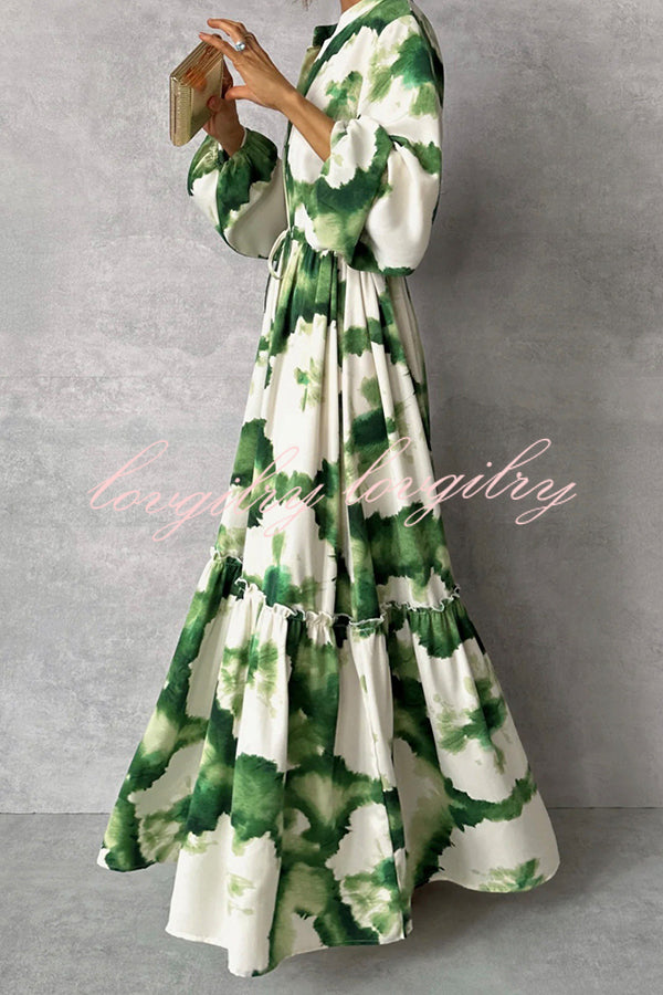 Unique Printed V-neck Long Sleeve Waist Tie-down Maxi Dress