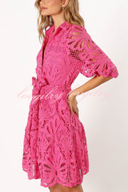 Solid Color Lace Cutout Balloon Sleeves and Waist Tie Mini Dress