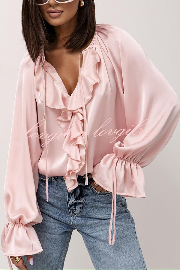 Satin Solid Color V-neck Tie Ruffle Casual Shirt