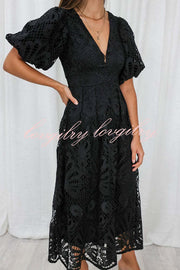 Solid Color V-neck Waist Slim Fit Hollow Lace Maxi Dress