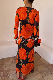 Perfect Cross-season Mesh Poppy Flower Print Long Sleeve Stretch Maxi Dress