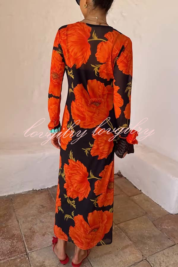 Perfect Cross-season Mesh Poppy Flower Print Long Sleeve Stretch Maxi Dress
