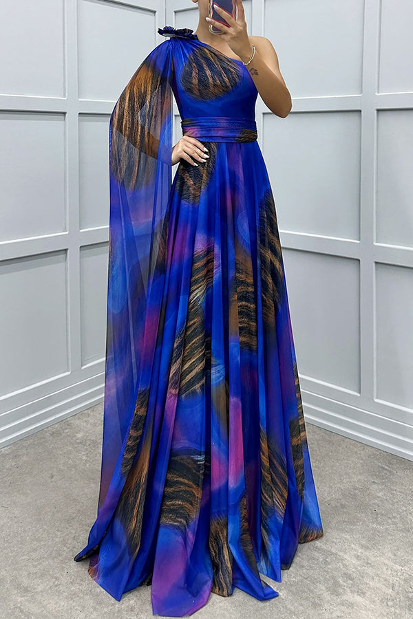 Lucia Unique Print Floral Detail One Shoulder Draped Sleeve Gown Maxi Dress