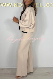 Fashion Contrast Color V-neck Loose Cardigan and Elastic Waist Casual Pants Set