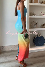 Dreamy Dreamy Sequin Unique Floral Gradient Print Slit Stretch Maxi Dress