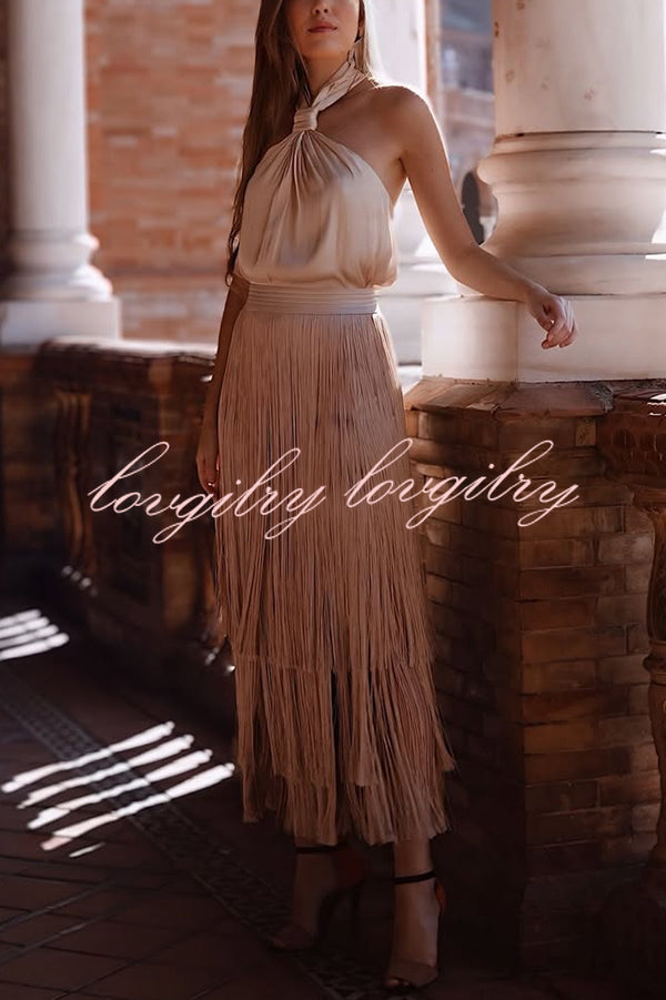 Elegant Tassel Hem Elastic Waist Casual Maxi Skirt