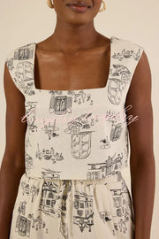 Maeve Linen Blend Unique Print Square Neck Tank and Elastic Waist Pocket Loose Pants Set