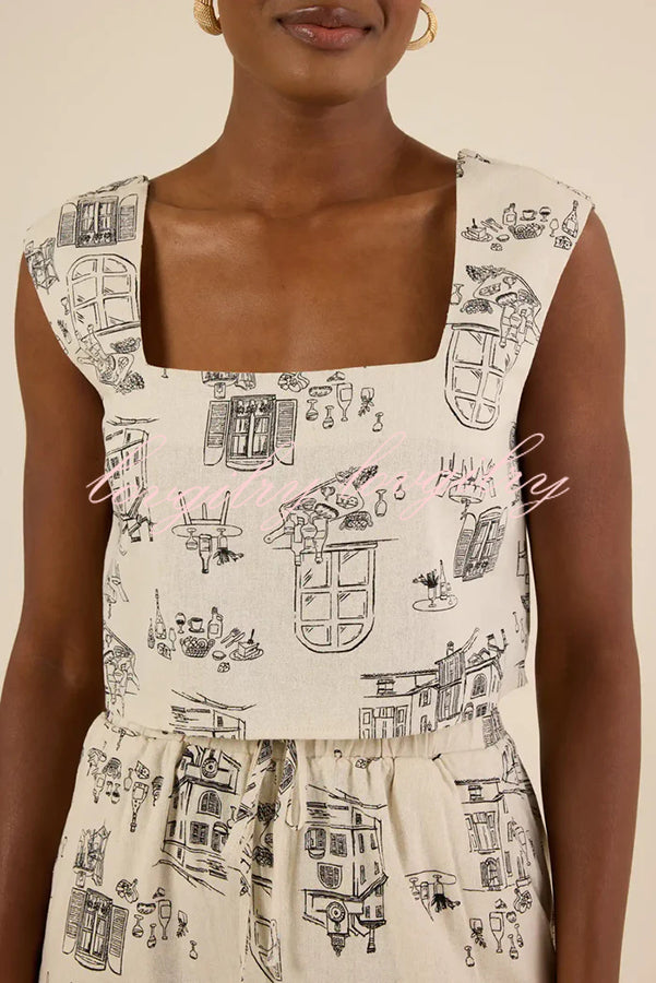 Maeve Linen Blend Unique Print Square Neck Tank and Elastic Waist Pocket Loose Pants Set