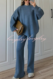 Solid Color Loose Long-sleeved Knit Top and Elastic Waist Casual Straight Leg Pants Set