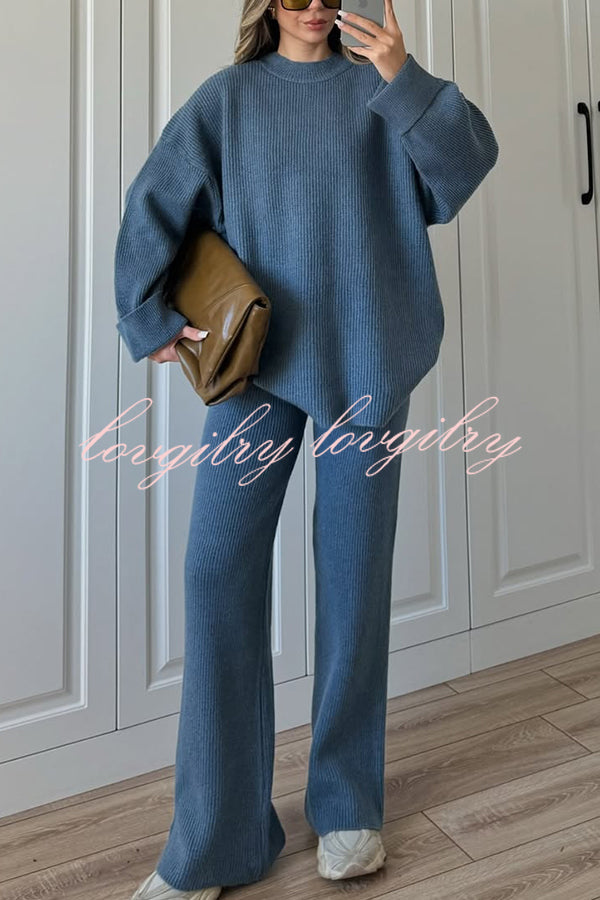 Solid Color Loose Long-sleeved Knit Top and Elastic Waist Casual Straight Leg Pants Set