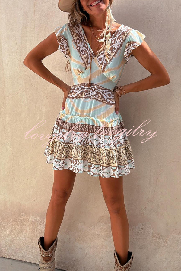 Surat Unique Color Block Print Ruffle Sleeve Elastic Waist Backless Mini Dress