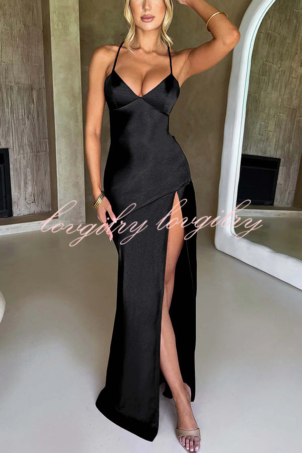 Satin Solid Color Sexy Backless Lace Up High Slit Maxi Dress