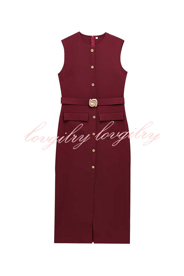 Danina Button Up Sleeveless Metal Belted Pocket Stretch Midi Dress