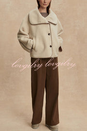 Romane Faux Fleece Fabric Contrast Trim Long Sleeve Knitted Pocket Lapel Loose Jacket