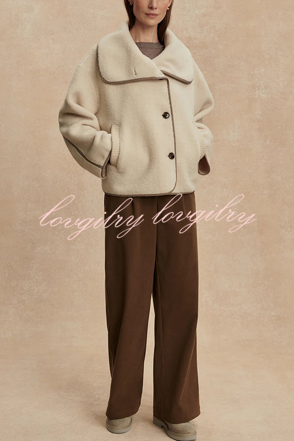 Romane Faux Fleece Fabric Contrast Trim Long Sleeve Knitted Pocket Lapel Loose Jacket